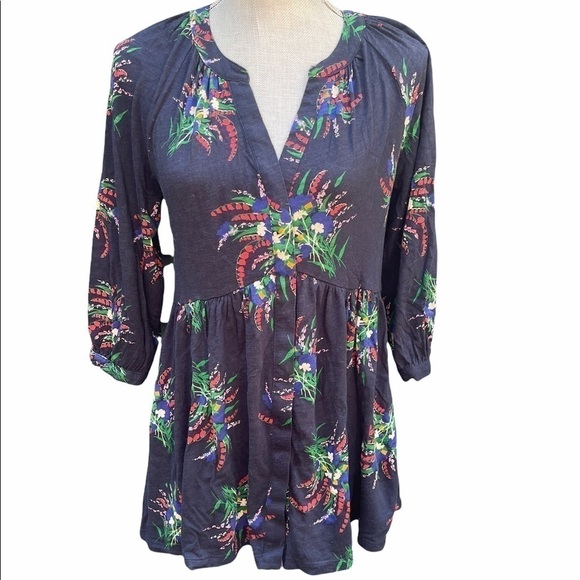 ANTHROPOLOGIE Maeve Winona Babydoll Tunic Navy Floral Print Blouse Size Small - Picture 3 of 8